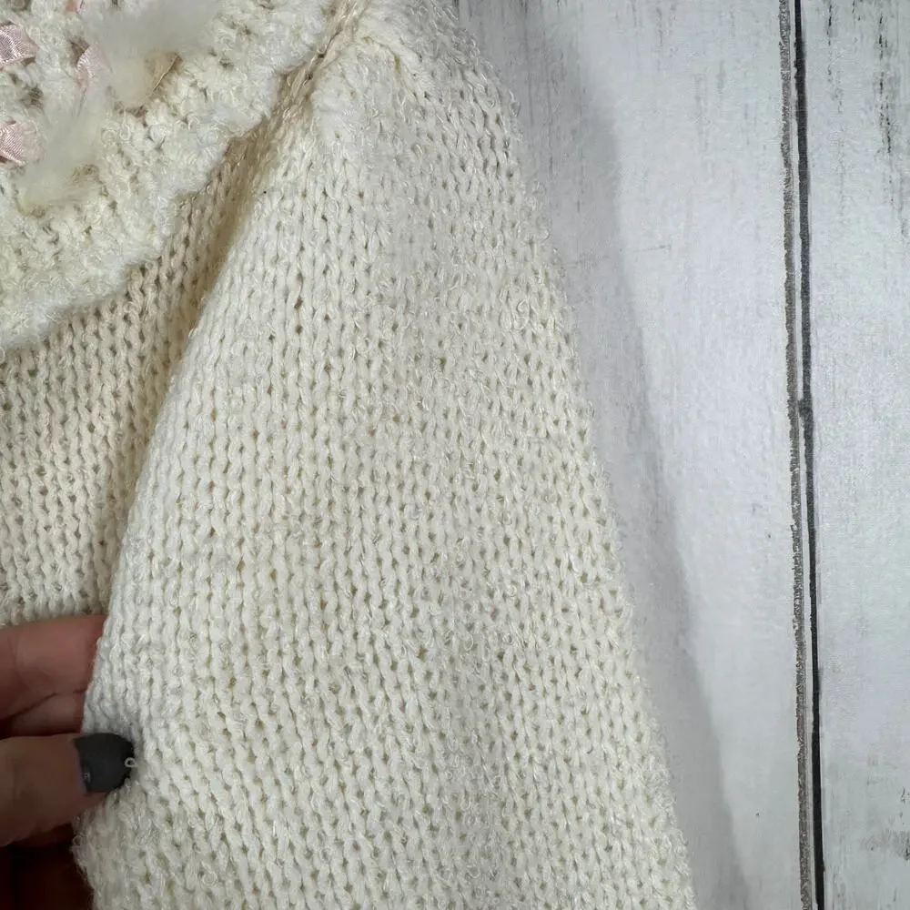 VTG Currants Cream Decorative Ribbon Collar Chunky Knit Sweater Korea Size Small